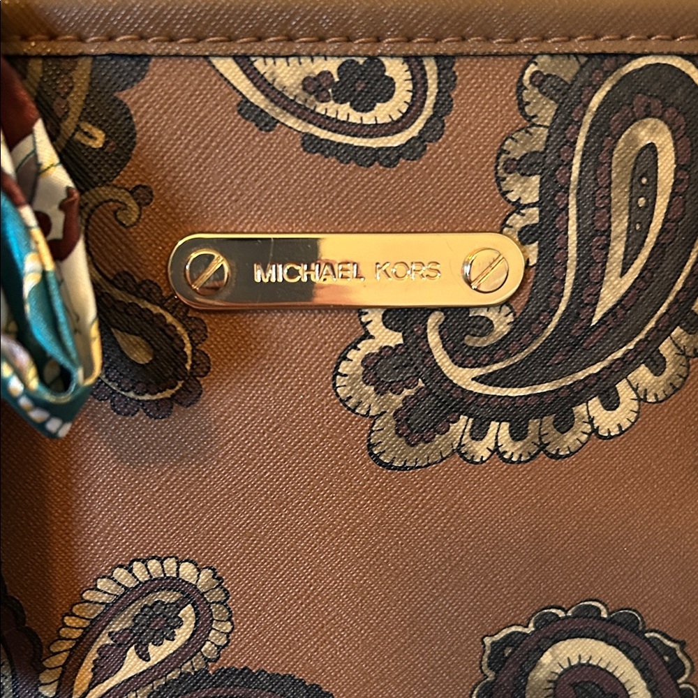 Michael Kors Brown Paisley Tote with Scarf Accent - Picture 2 of 16